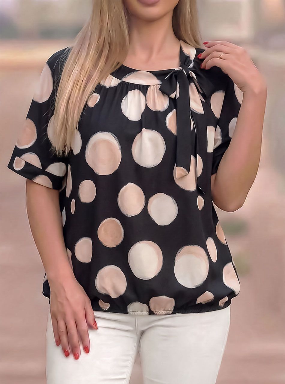 Nyaknál kötős, gumis aljú pöttyös felső (fekete)