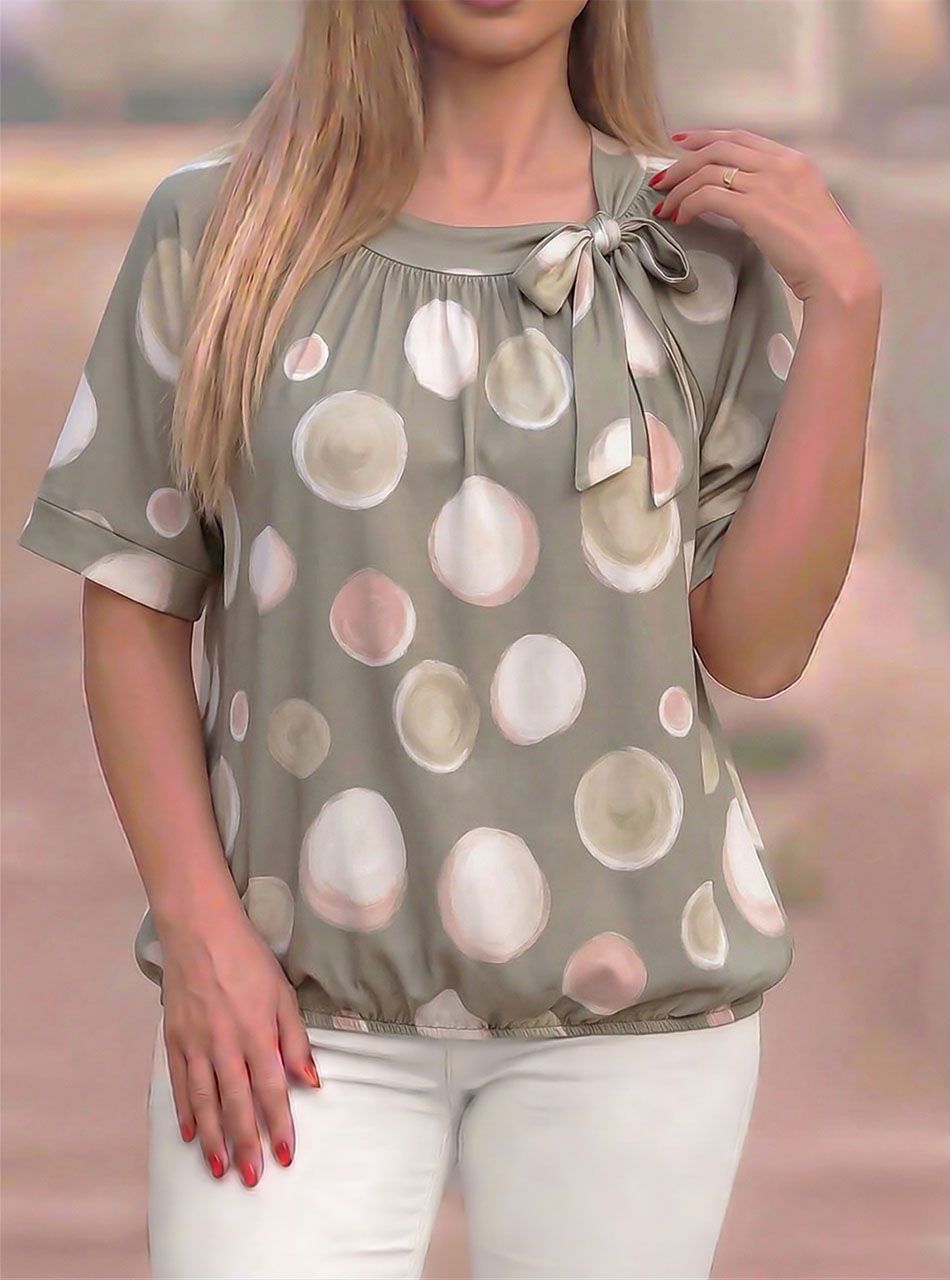 Nyaknál kötős, gumis aljú pöttyös felső (kheki)