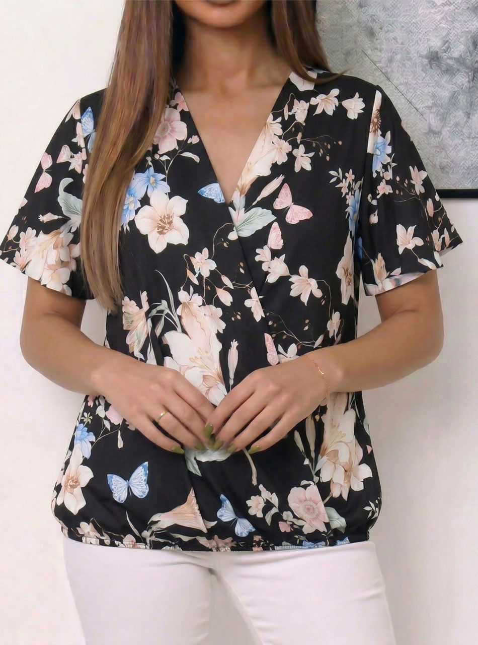 Átlapolt, virág mintás felső (fekete)