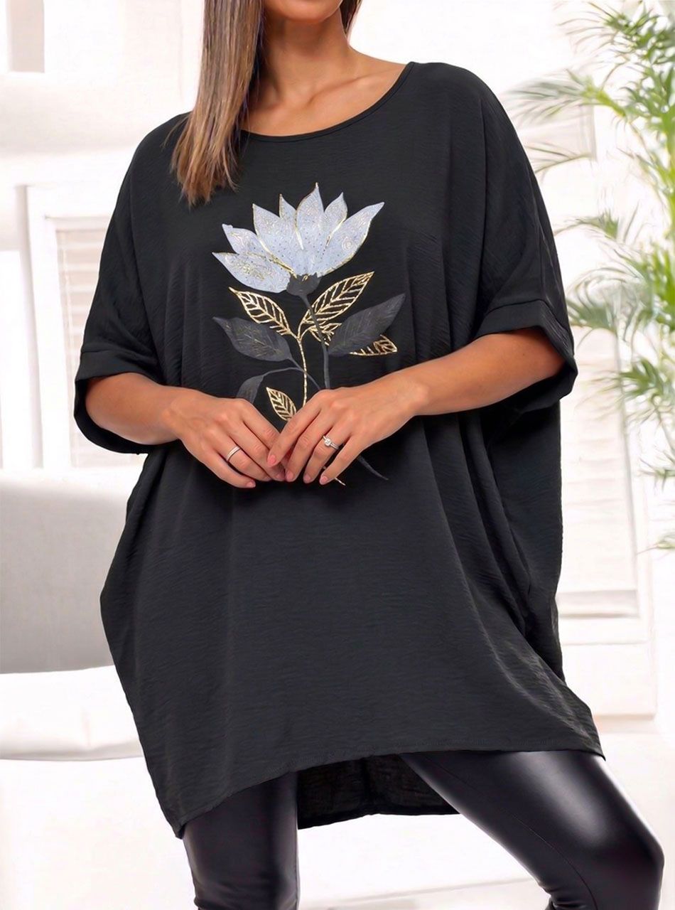 Virág mintás-strasszos extra bő felső (fekete)