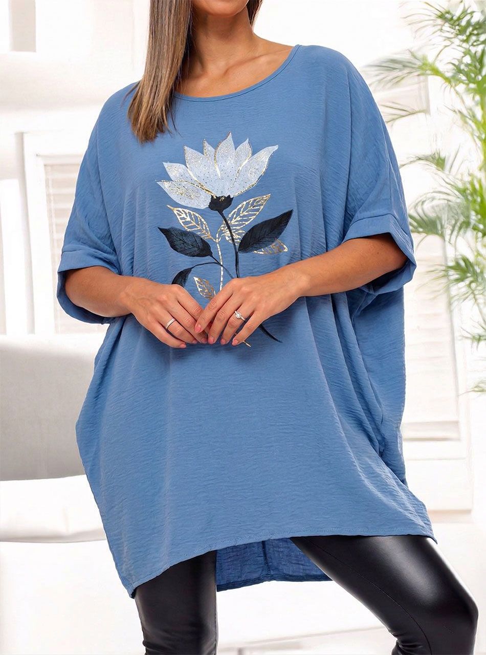 Virág mintás-strasszos extra bő felső (farmerkék)