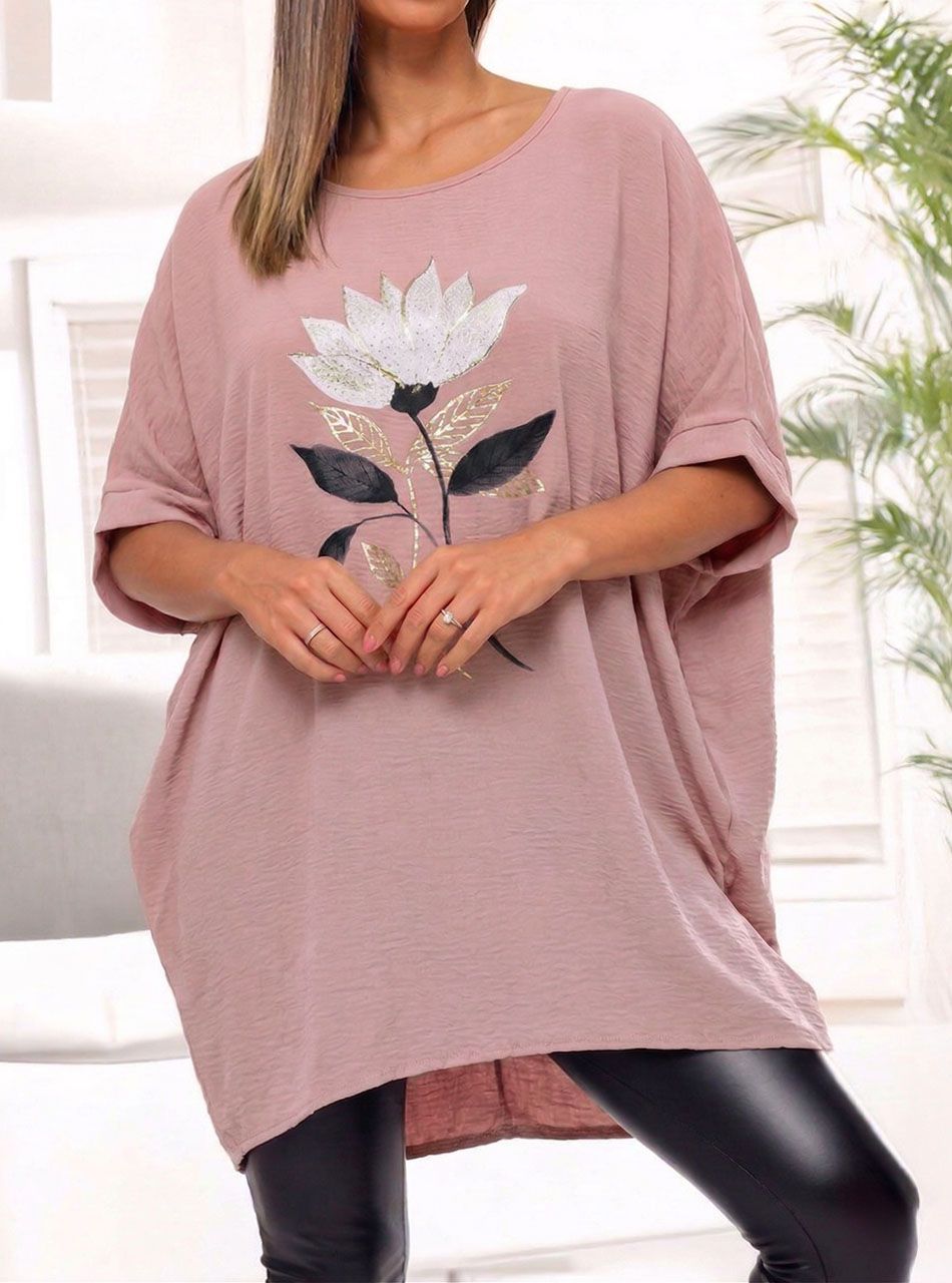 Virág mintás-strasszos extra bő felső (púder)