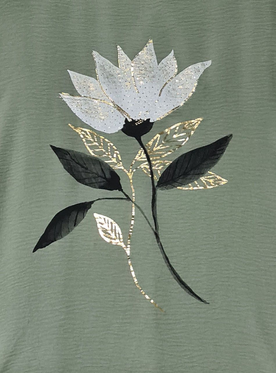 Virág mintás-strasszos extra bő felső (kheki)