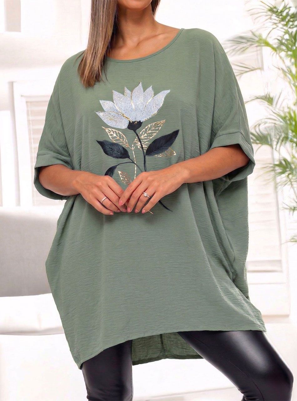 Virág mintás-strasszos extra bő felső (kheki)