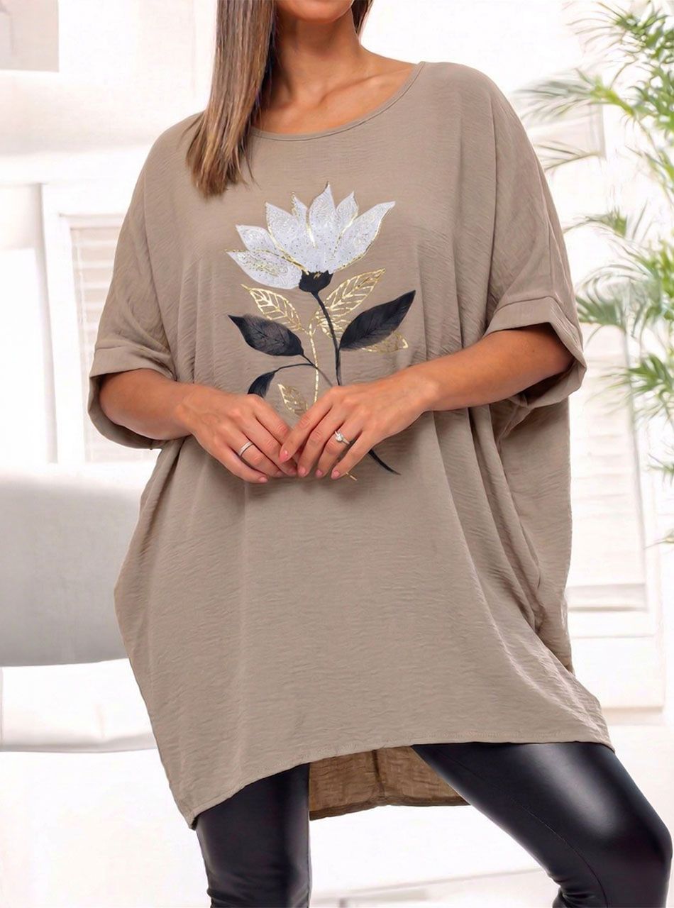 Virág mintás-strasszos extra bő felső (tejeskávé)