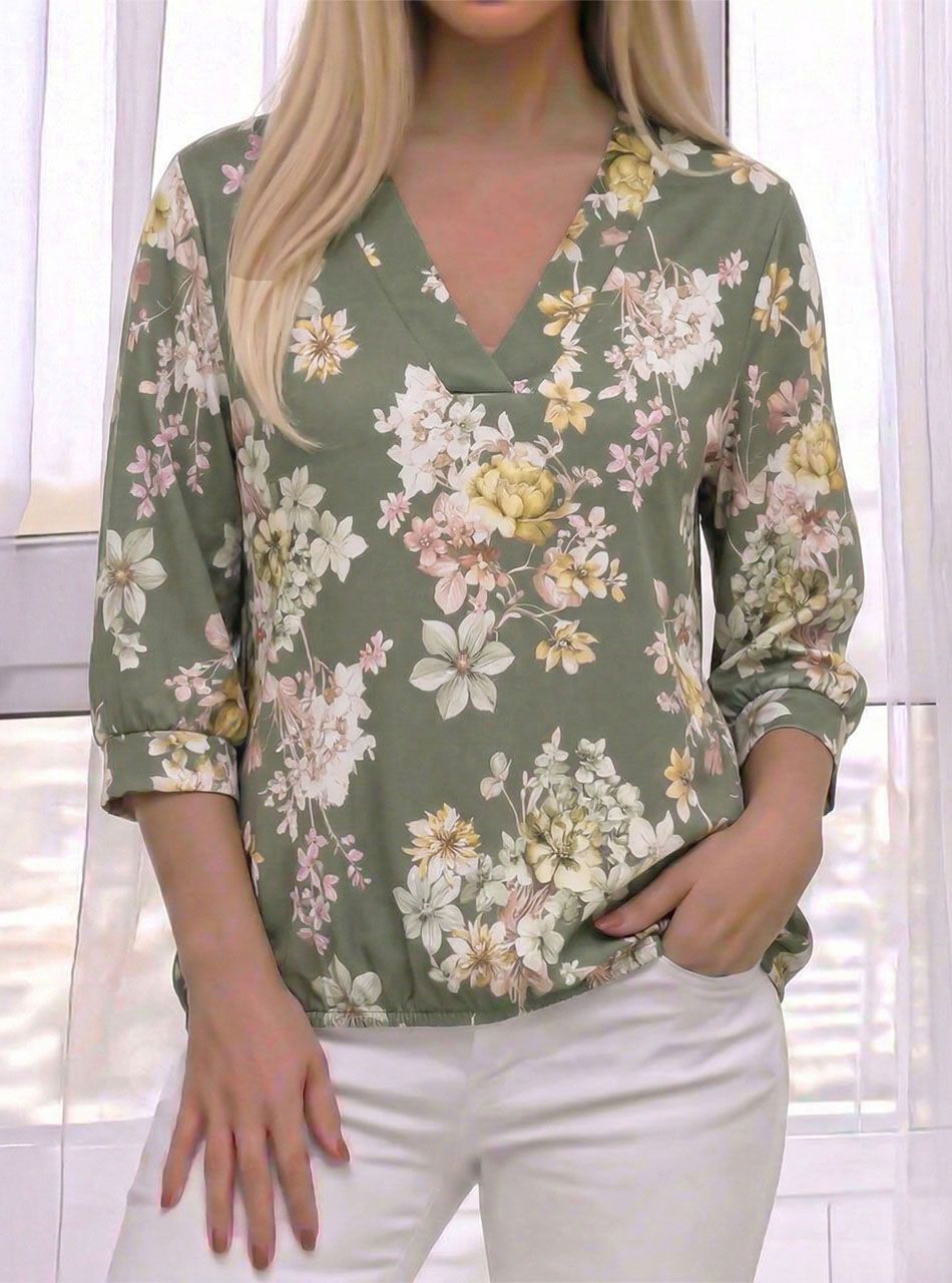 V nyakú, virág mintás gumis aljú felső (kheki)