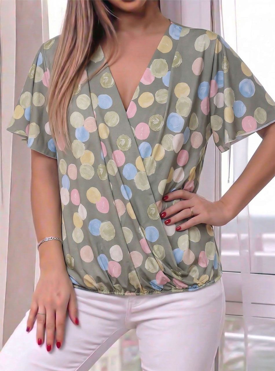 Pillangó ujjú, átlapolt, pöttyös felső (kheki)