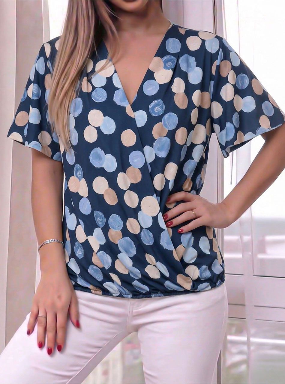 Pillangó ujjú, átlapolt, pöttyös felső (sötétkék)