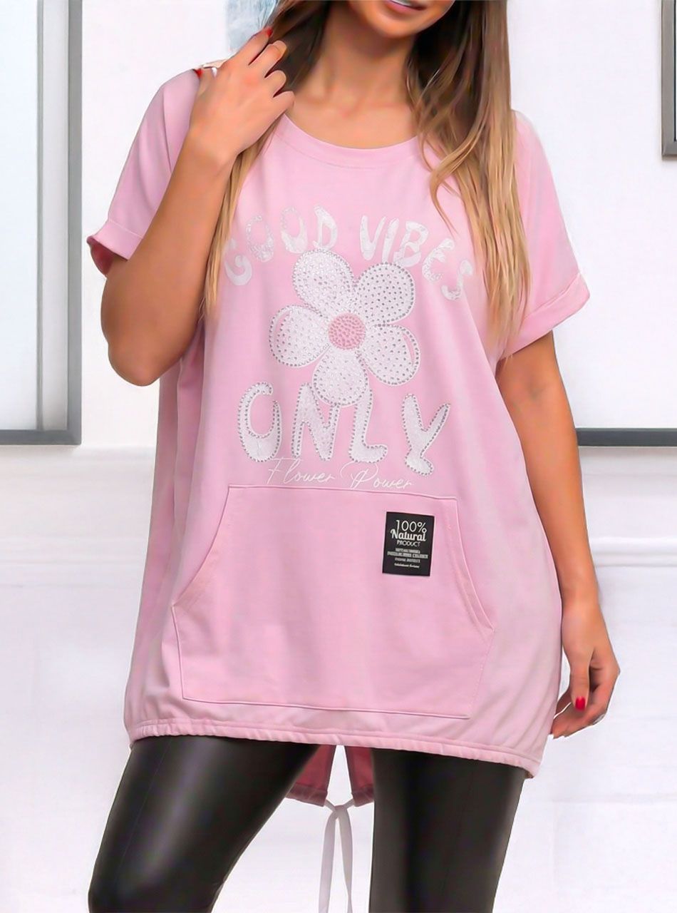 Kenguru zsebes, strasszos-mintás felső (rózsaszín)