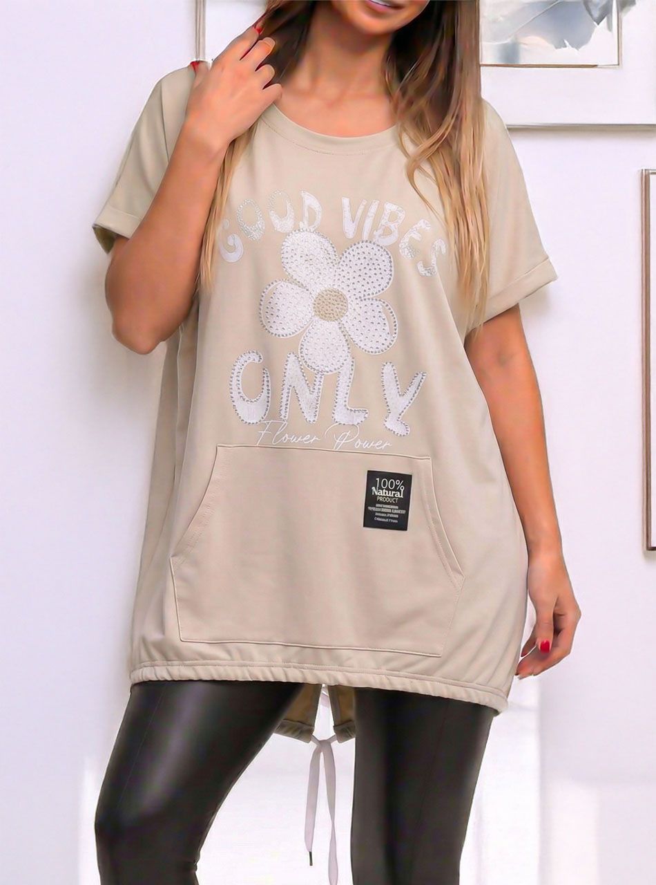 Kenguru zsebes, strasszos-mintás felső (bézs)