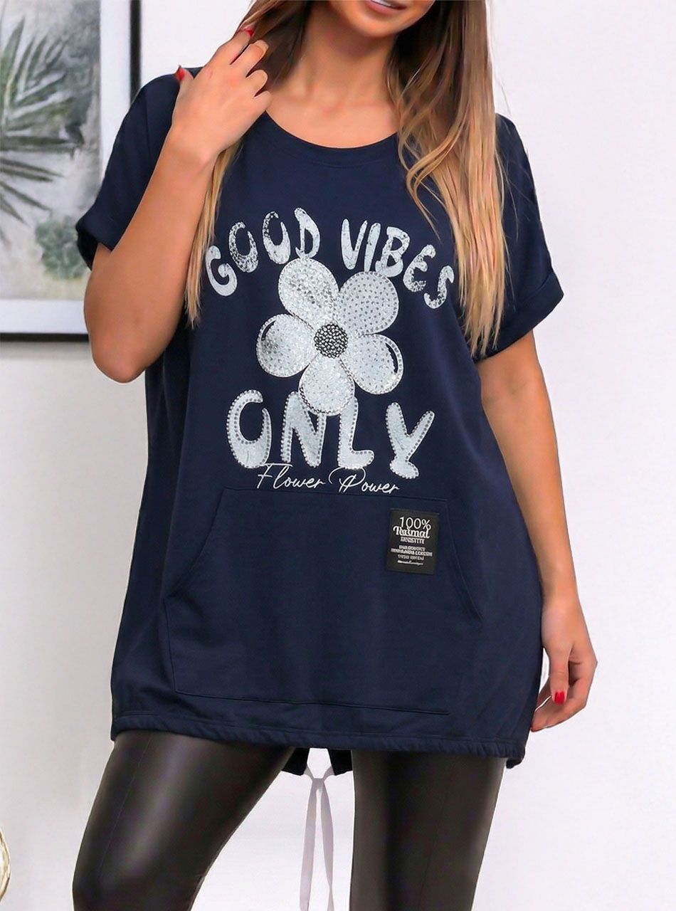 Kenguru zsebes, strasszos-mintás felső (sötétkék)