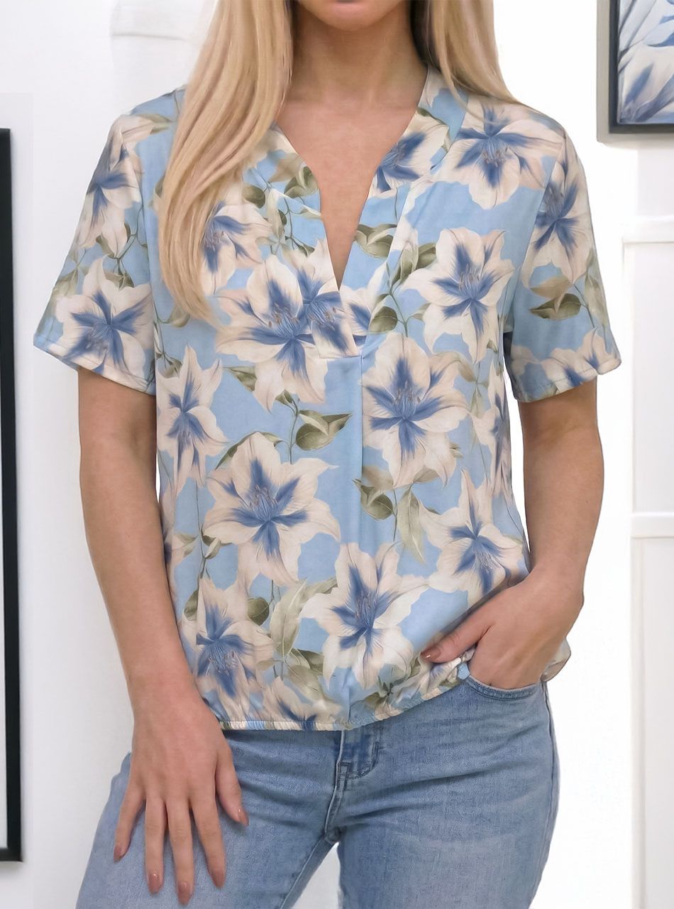 V kivágású, gumis aljú virág mintás felső (világoskék)