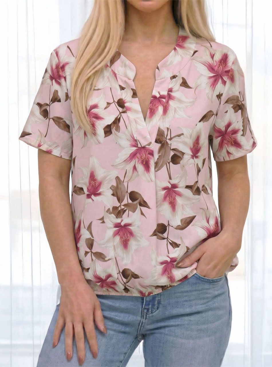 V kivágású, gumis aljú virág mintás felső (púder)