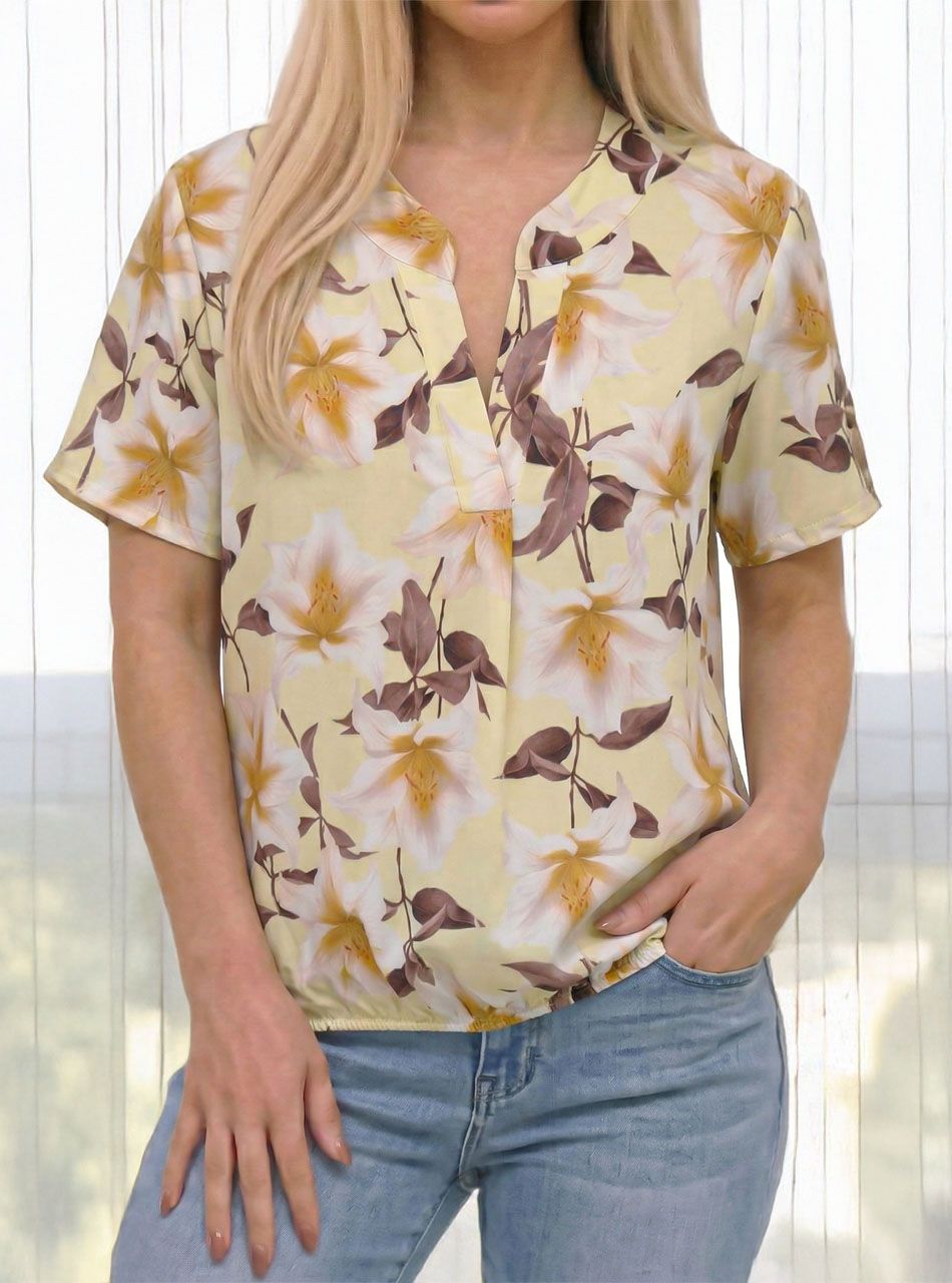 V kivágású, gumis aljú virág mintás felső (sárga)