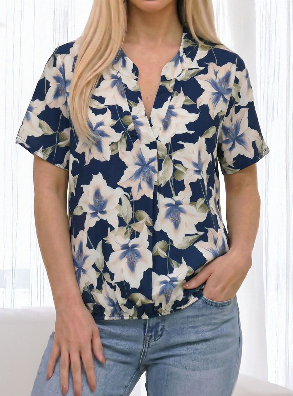 V kivágású, gumis aljú virág mintás felső (sötétkék)