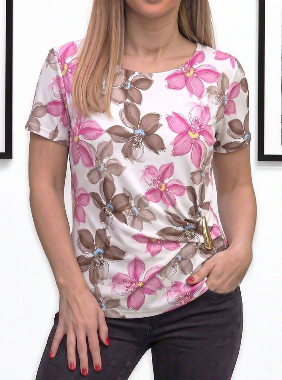 Virág mintás, csatdíszes felső (pink-tejeskávé)