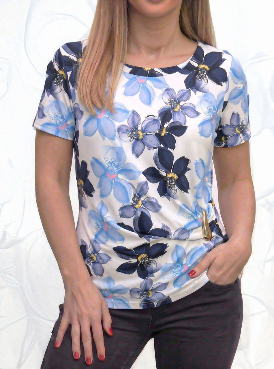 Virág mintás, csatdíszes felső (sötétkék-világoskék)