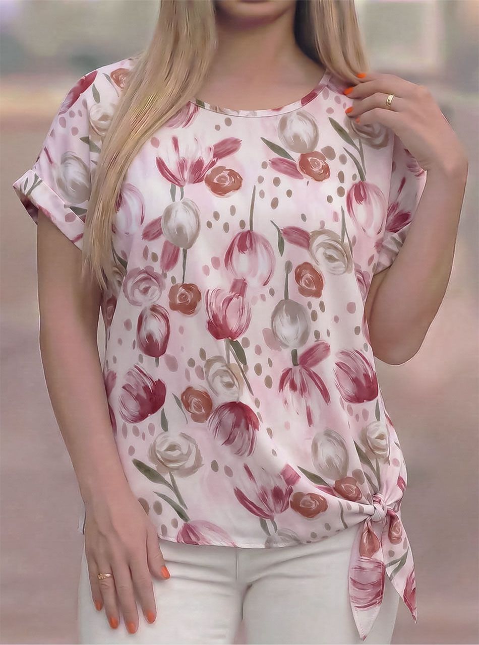 Oldalt kötős, virág mintás felső (púder)