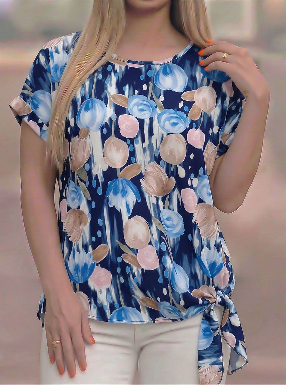 Oldalt kötős, virág mintás felső (sötétkék)