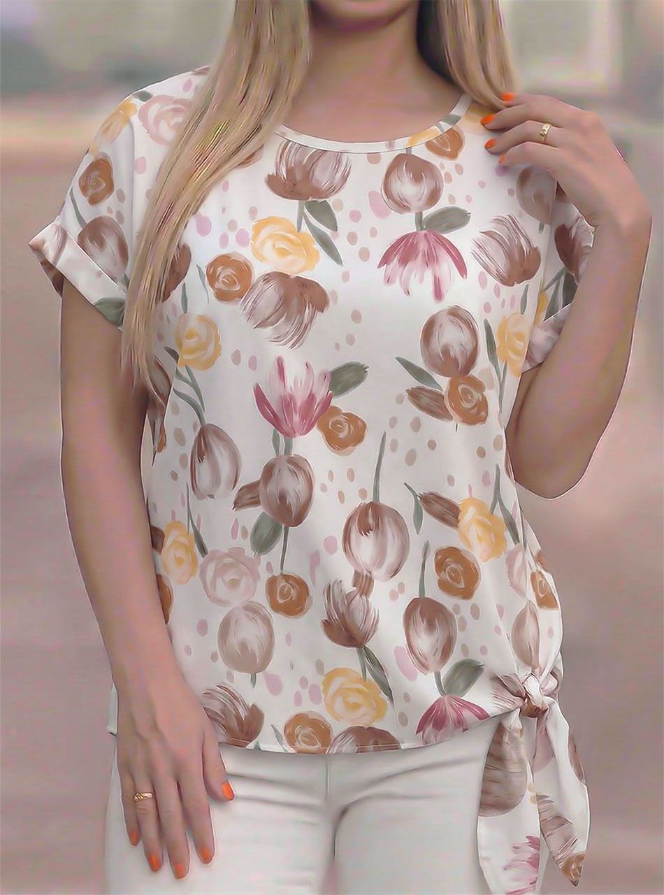 Oldalt kötős, virág mintás felső (bézs)