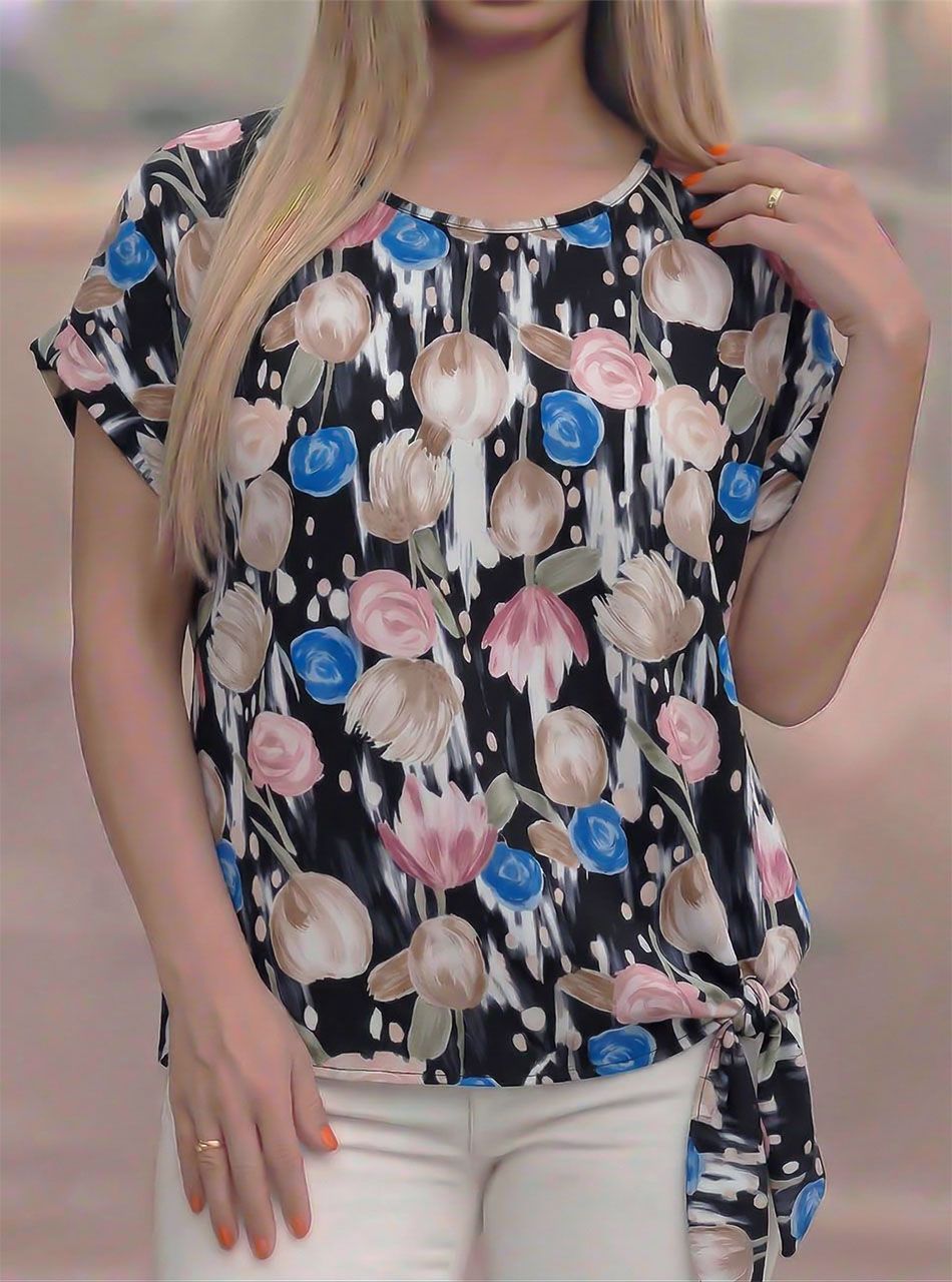 Oldalt kötős, virág mintás felső (fekete)