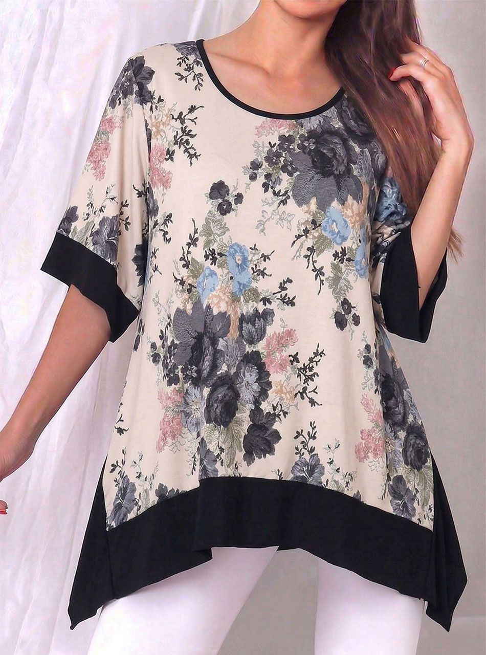 Kétoldalt hosszított, virág mintás felső (fekete)