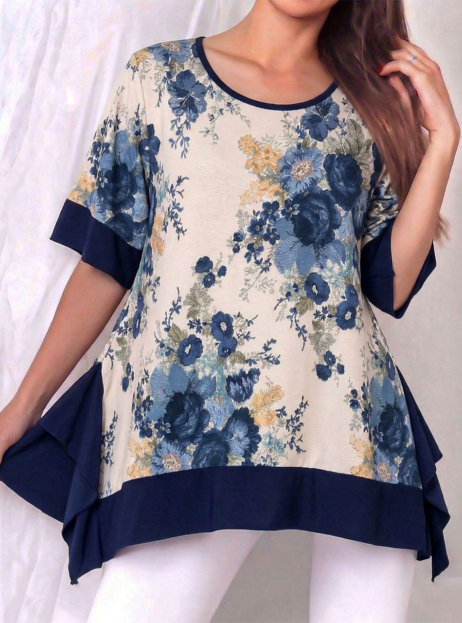 Kétoldalt hosszított, virág mintás felső (sötétkék)