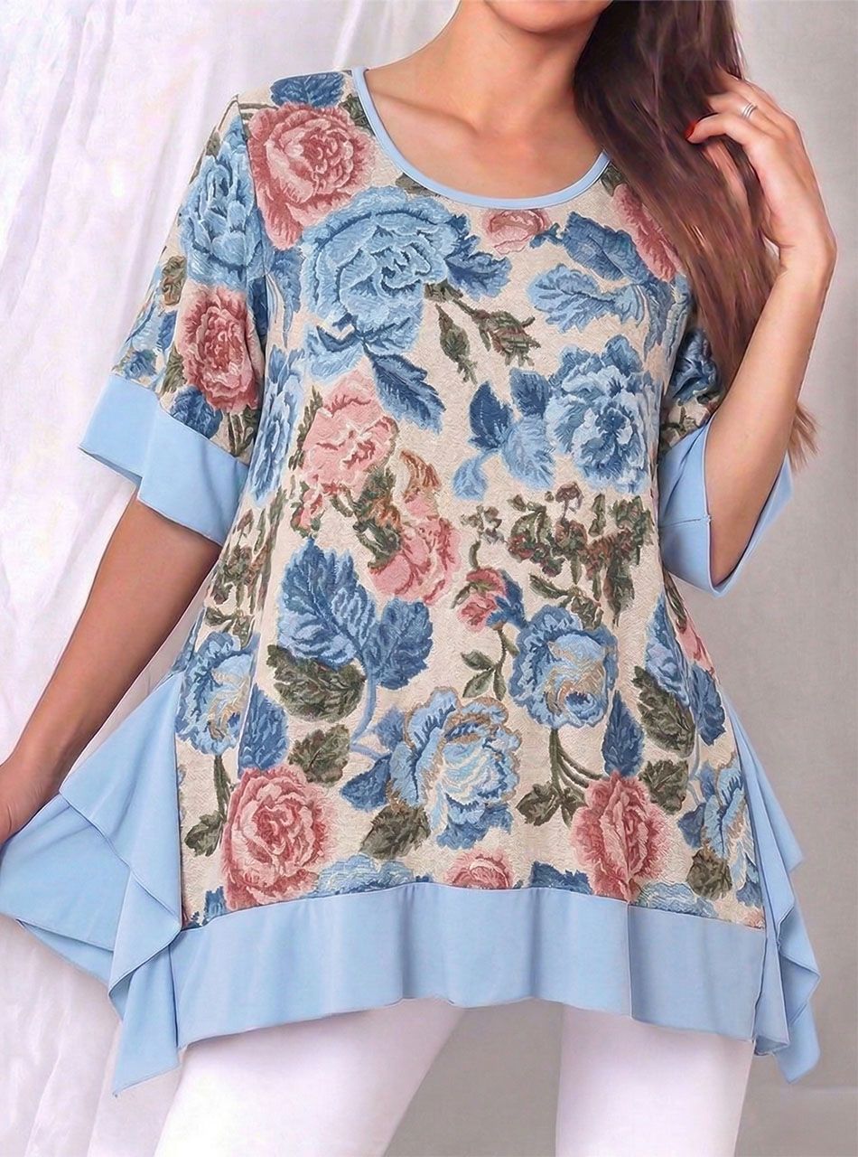 Kétoldalt hosszított, virág mintás felső (világoskék)