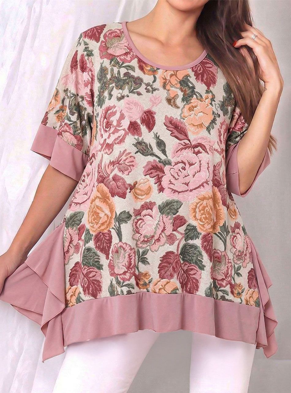 Kétoldalt hosszított, virág mintás felső (púder)