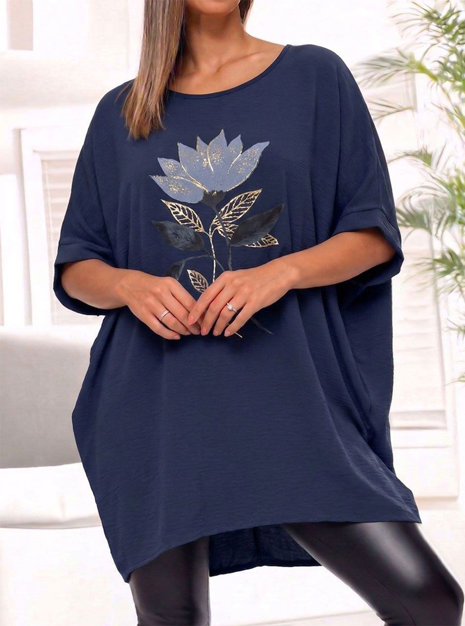 Virág mintás-strasszos extra bő felső (sötétkék)