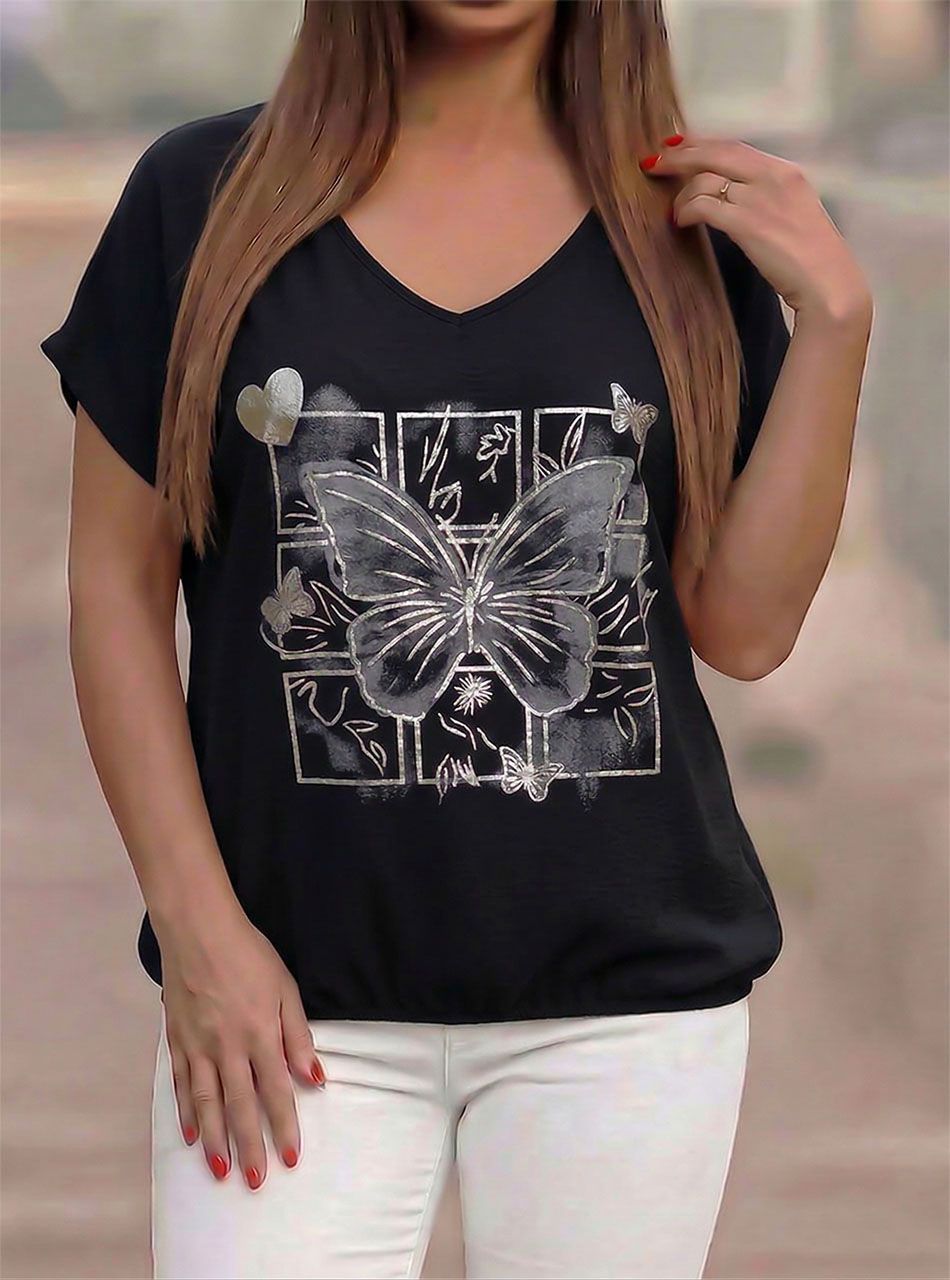 Gumis aljú, lenge mintás felső (fekete)