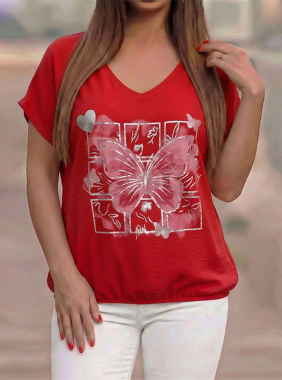 Gumis aljú, lenge mintás felső (piros)