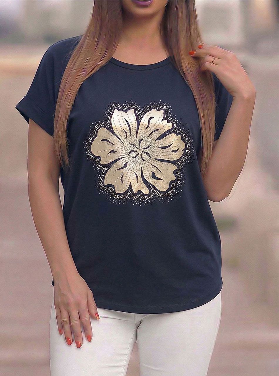 Strasszos, virág mintás felső (sötétkék)