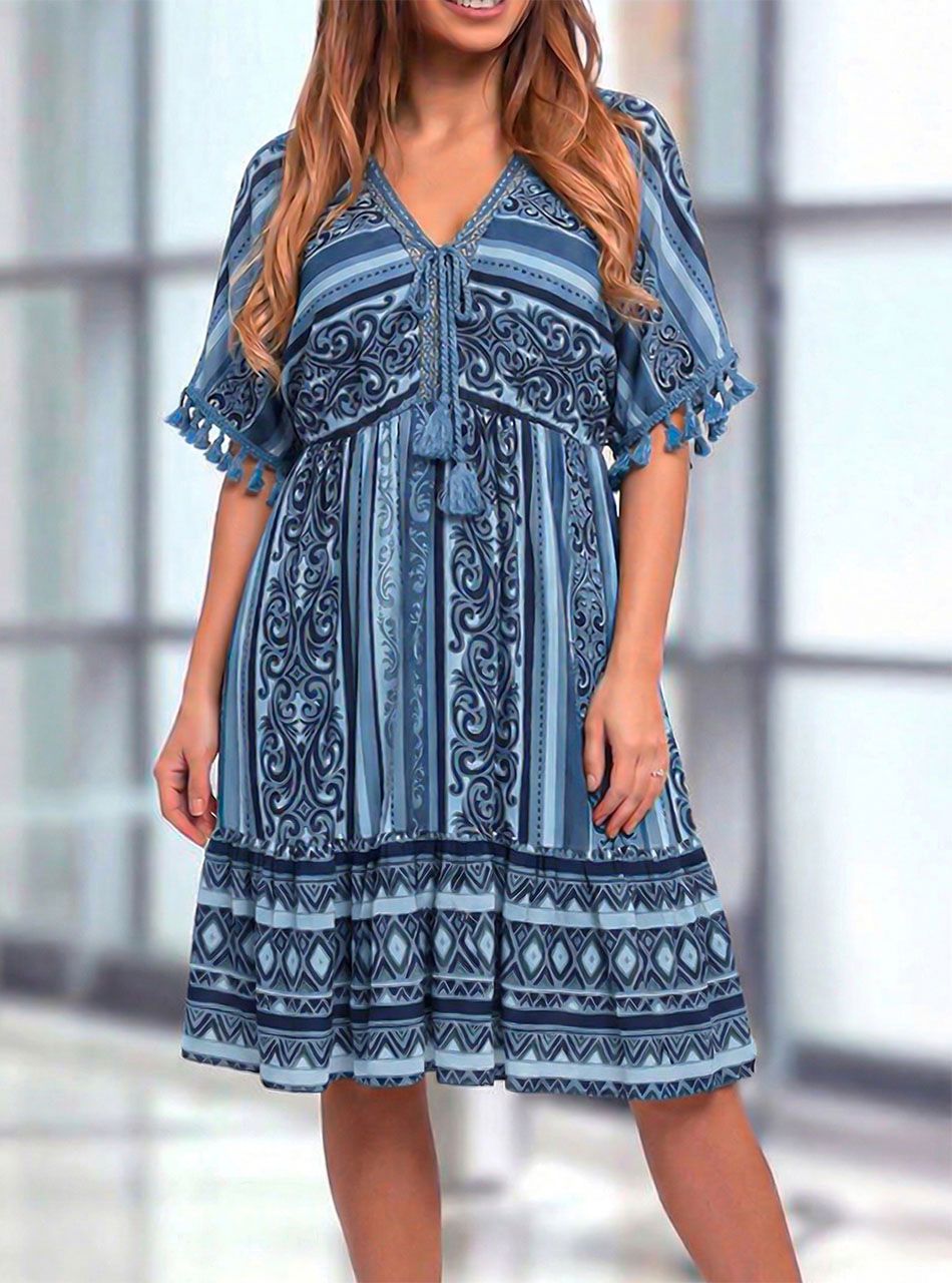 Amy, V nyakú mintás ruha (farmerkék)