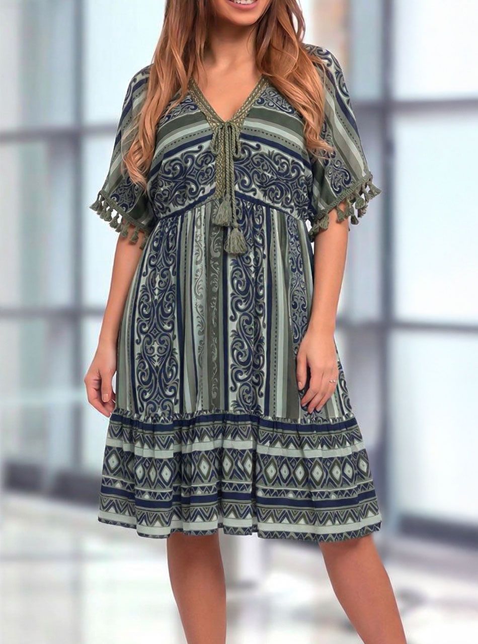 Amy, V nyakú mintás ruha (kheki)