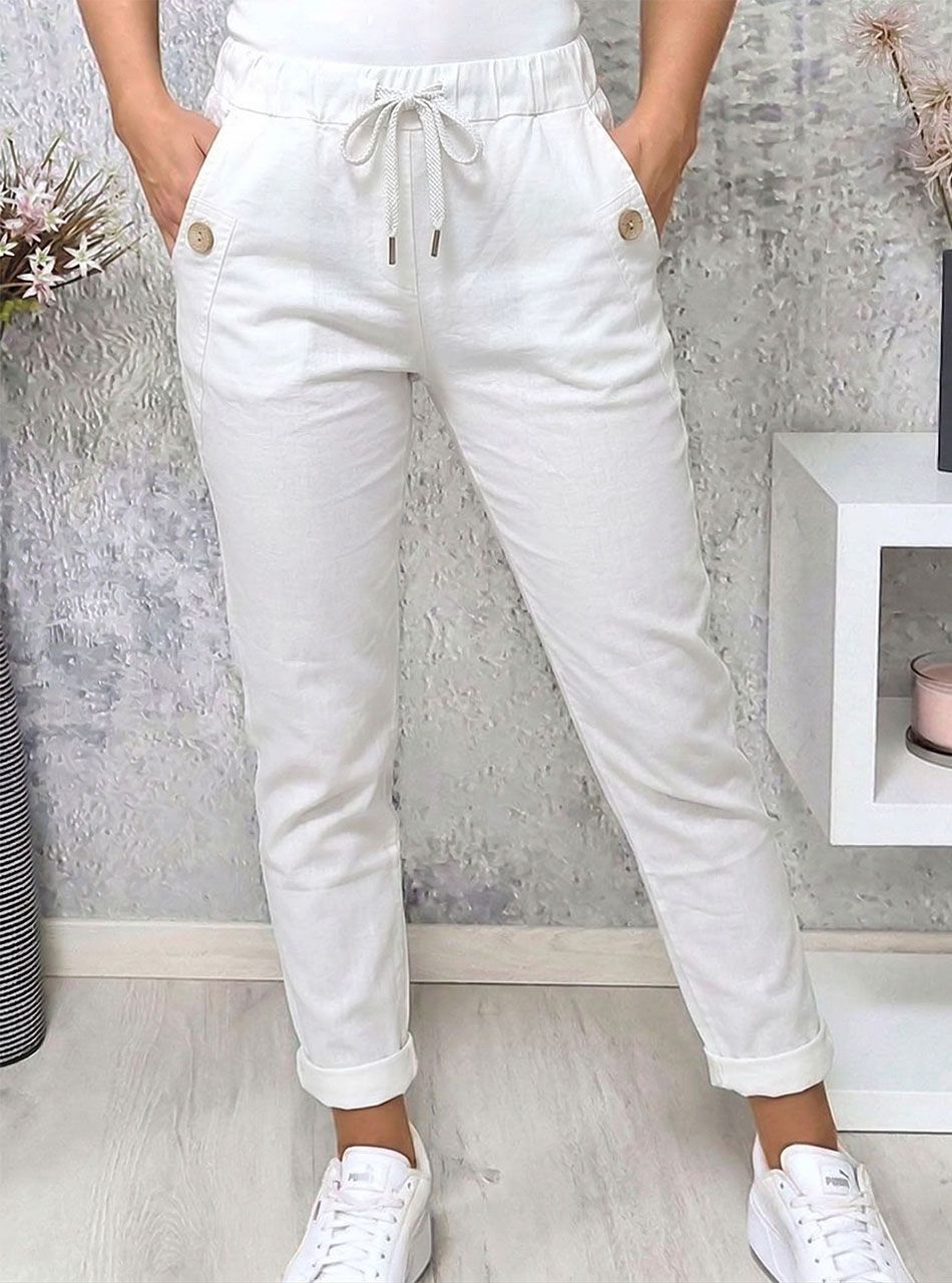 Gombdíszes, zsebes nadrág (fehér)