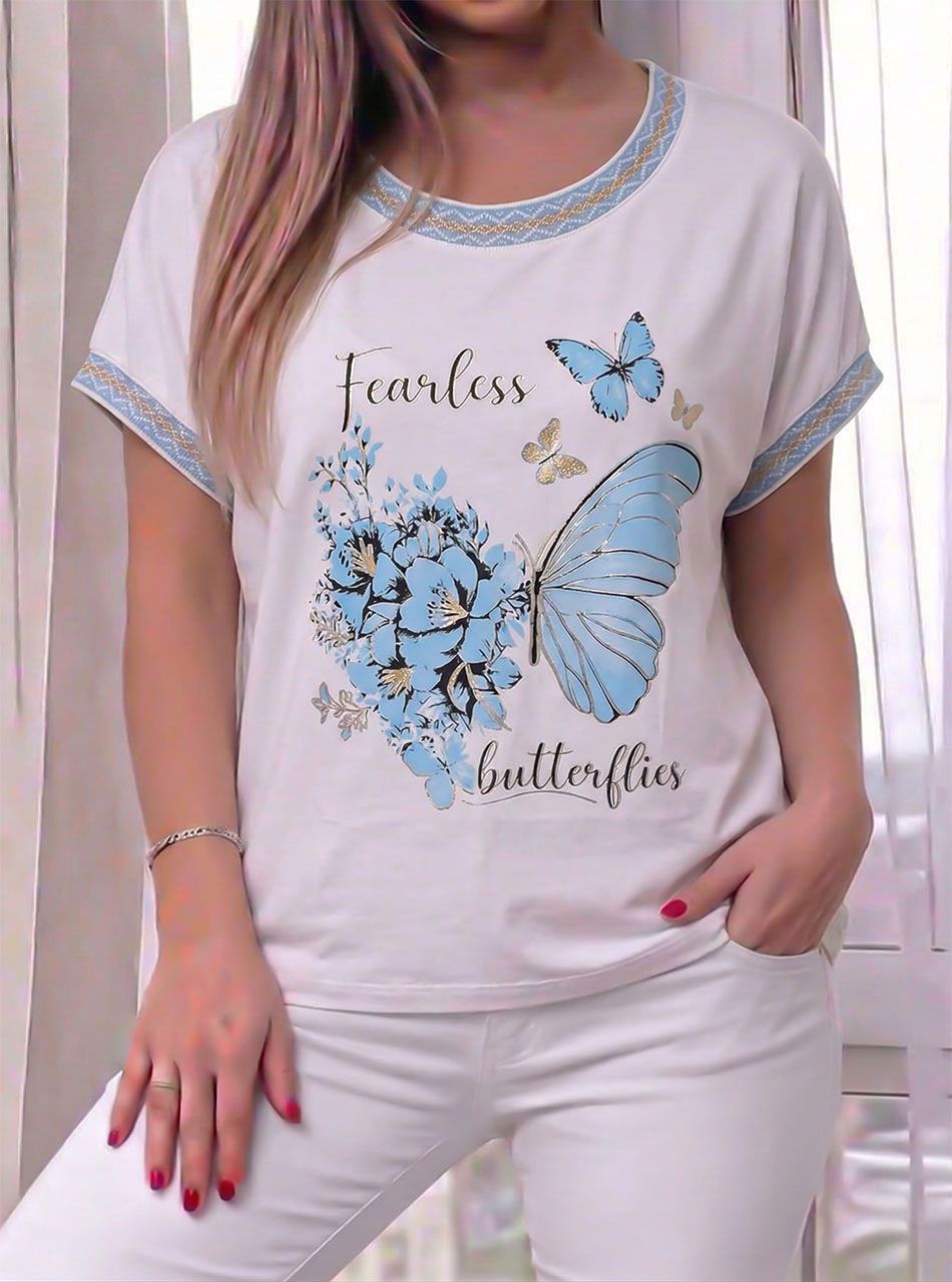 Pillangó mintás-feliratos felső (világoskék)