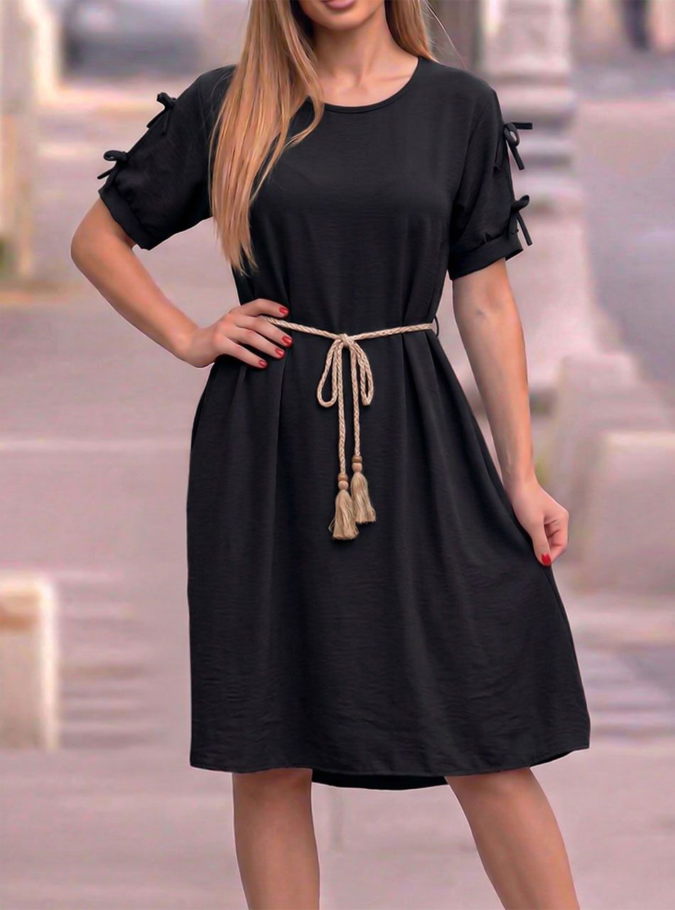 Derekán kötős, masnis vállú ruha (fekete)