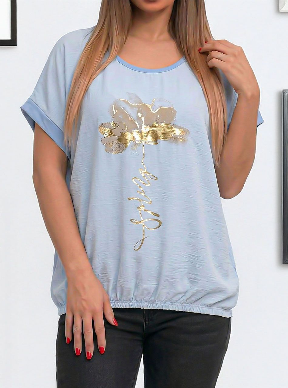 Elöl gumírozott, nyomott mintás felső (világoskék)