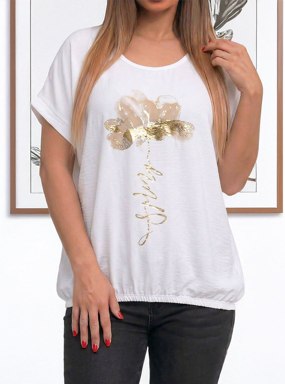 Elöl gumírozott, nyomott mintás felső (fehér)