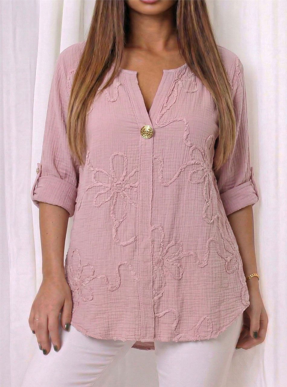 Géz anyagú, hímzett mintás felső (púder)