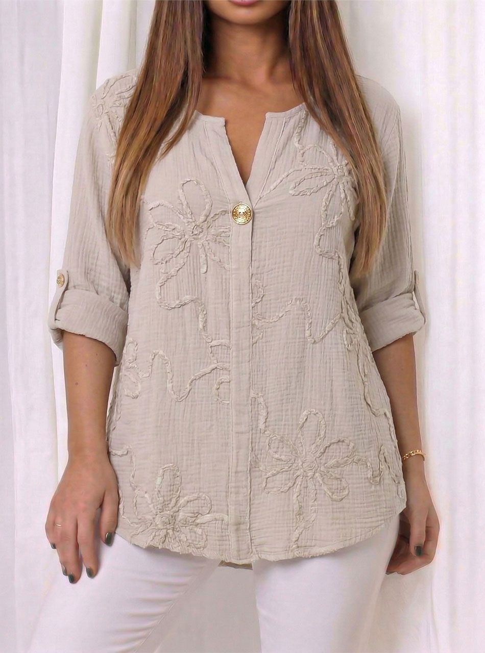 Géz anyagú, hímzett mintás felső (bézs)