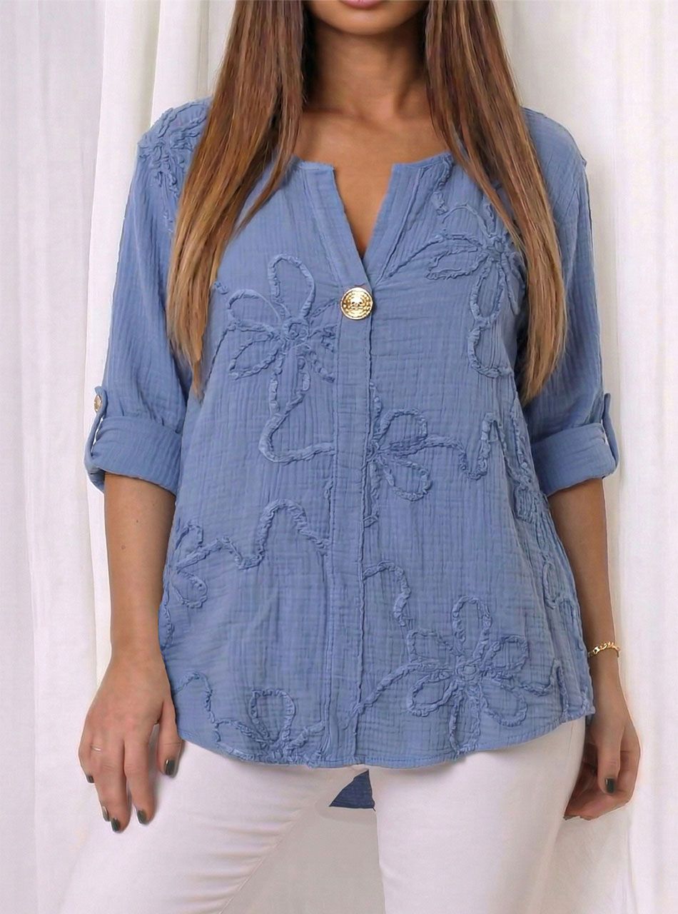 Géz anyagú, hímzett mintás felső (farmerkék)