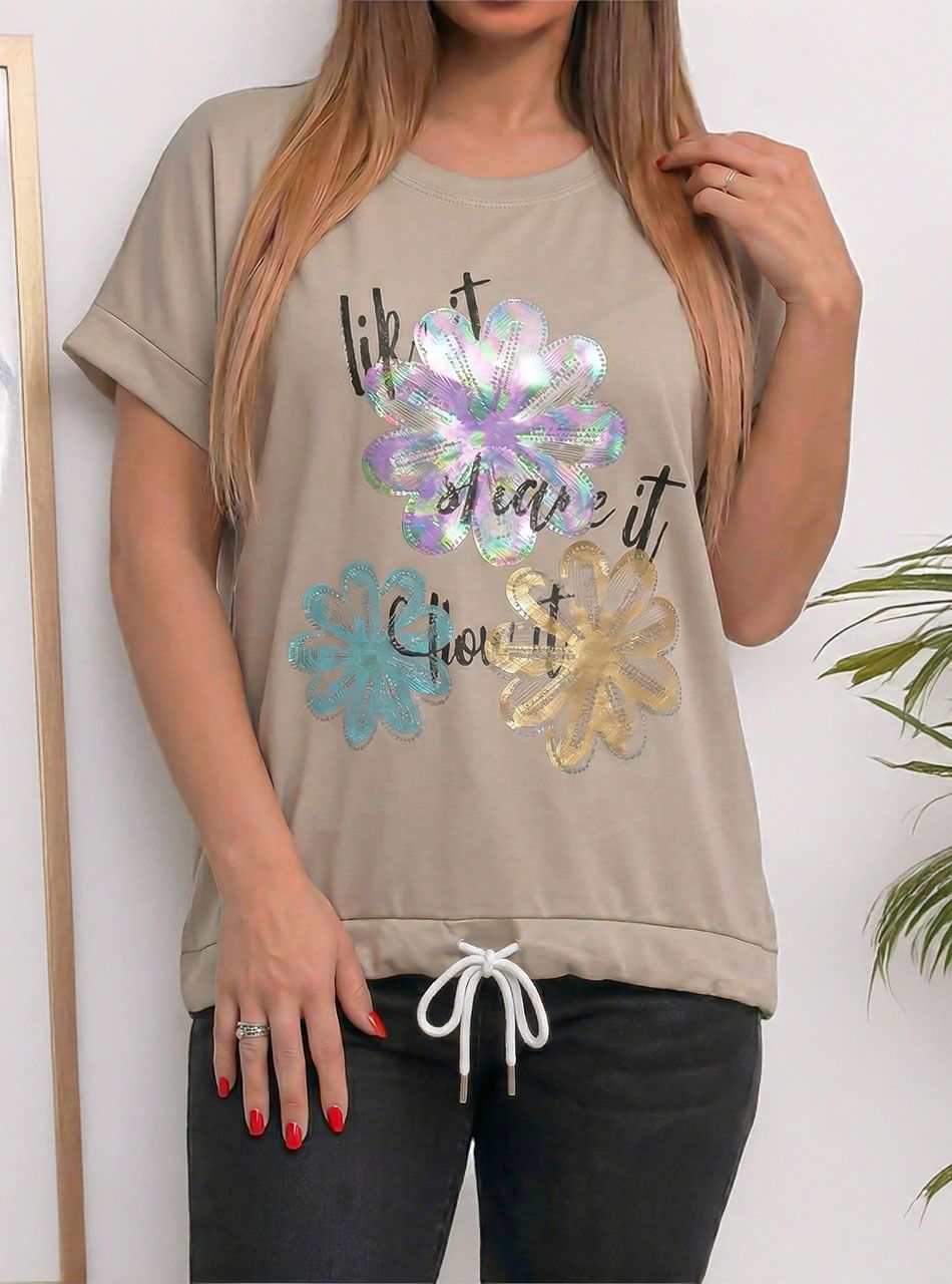 Alján köthető, strasszos-mintás felső (bézs)