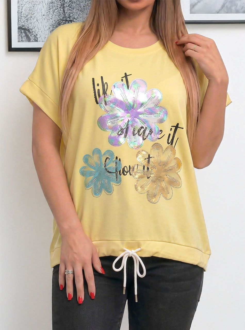 Alján köthető, strasszos-mintás felső (sárga)