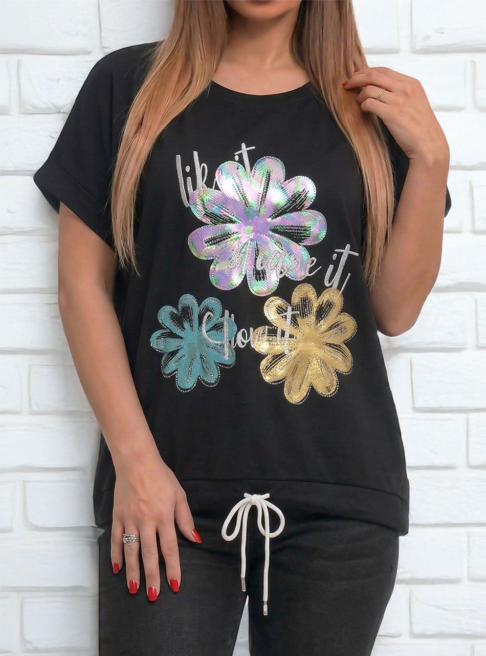 Alján köthető, strasszos-mintás felső (fekete)