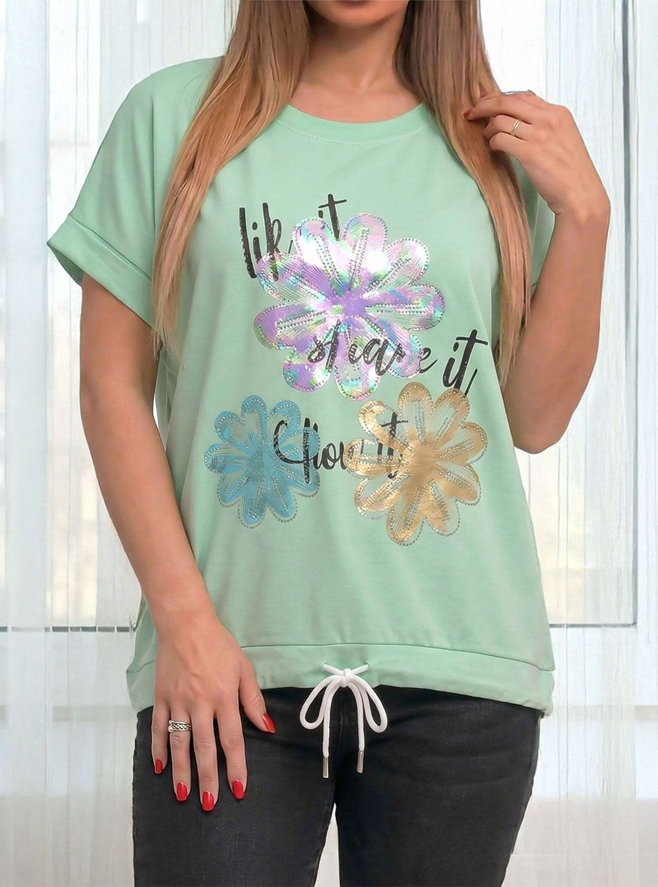 Alján köthető, strasszos-mintás felső (világoszöld)