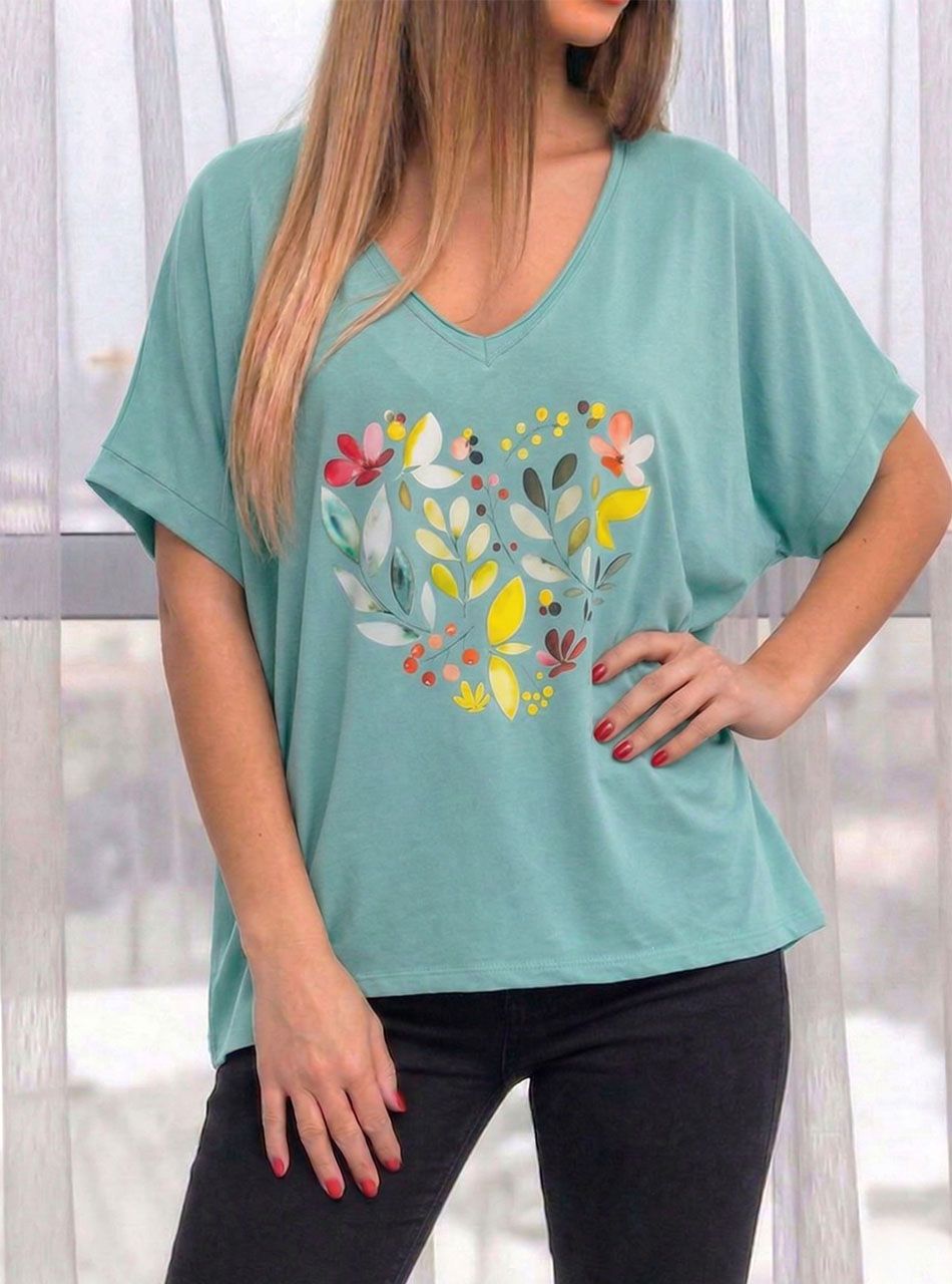 V nyakú, virág mintás felső (világoszöld) 