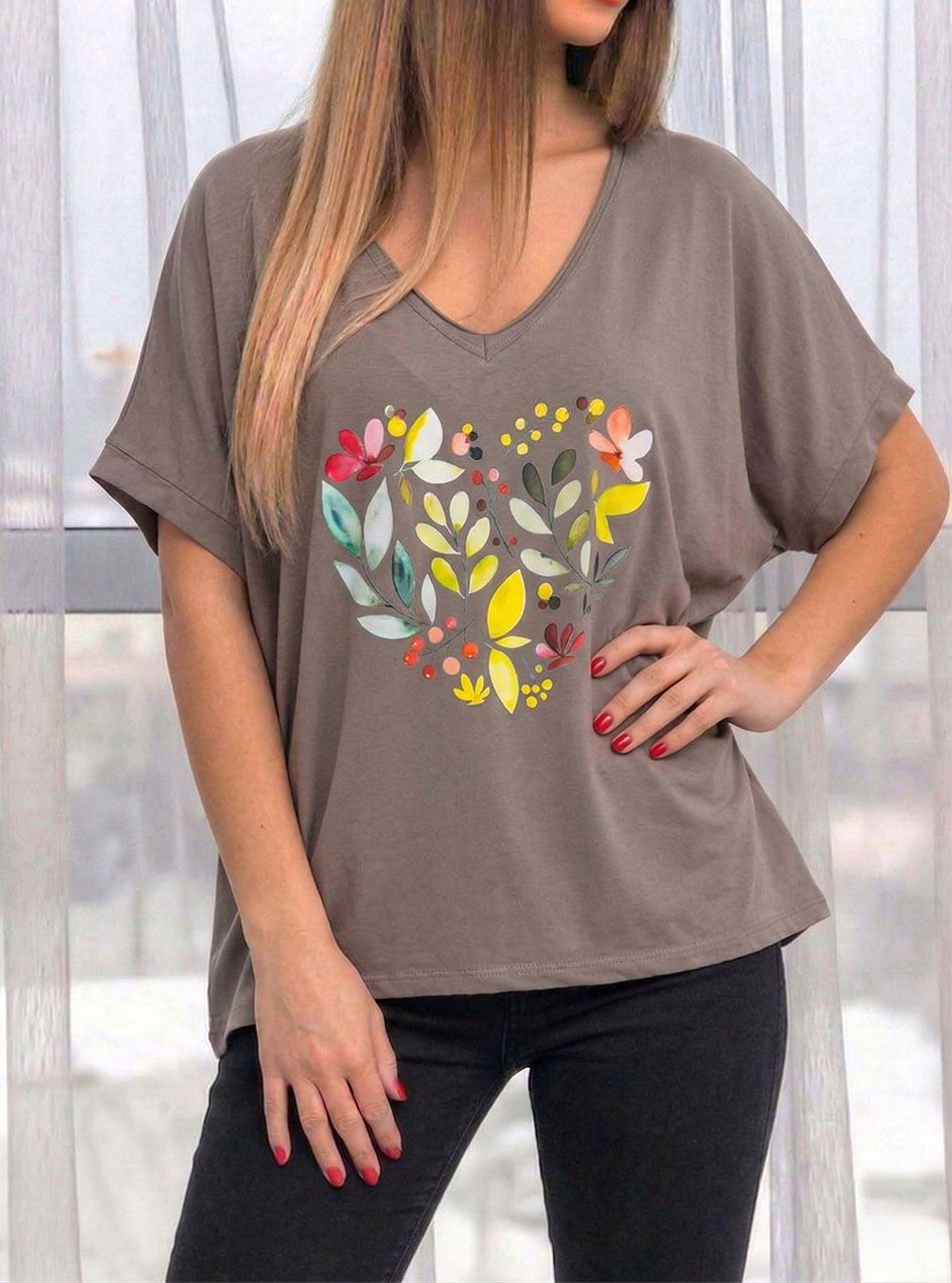 V nyakú, virág mintás felső (tejeskávé)