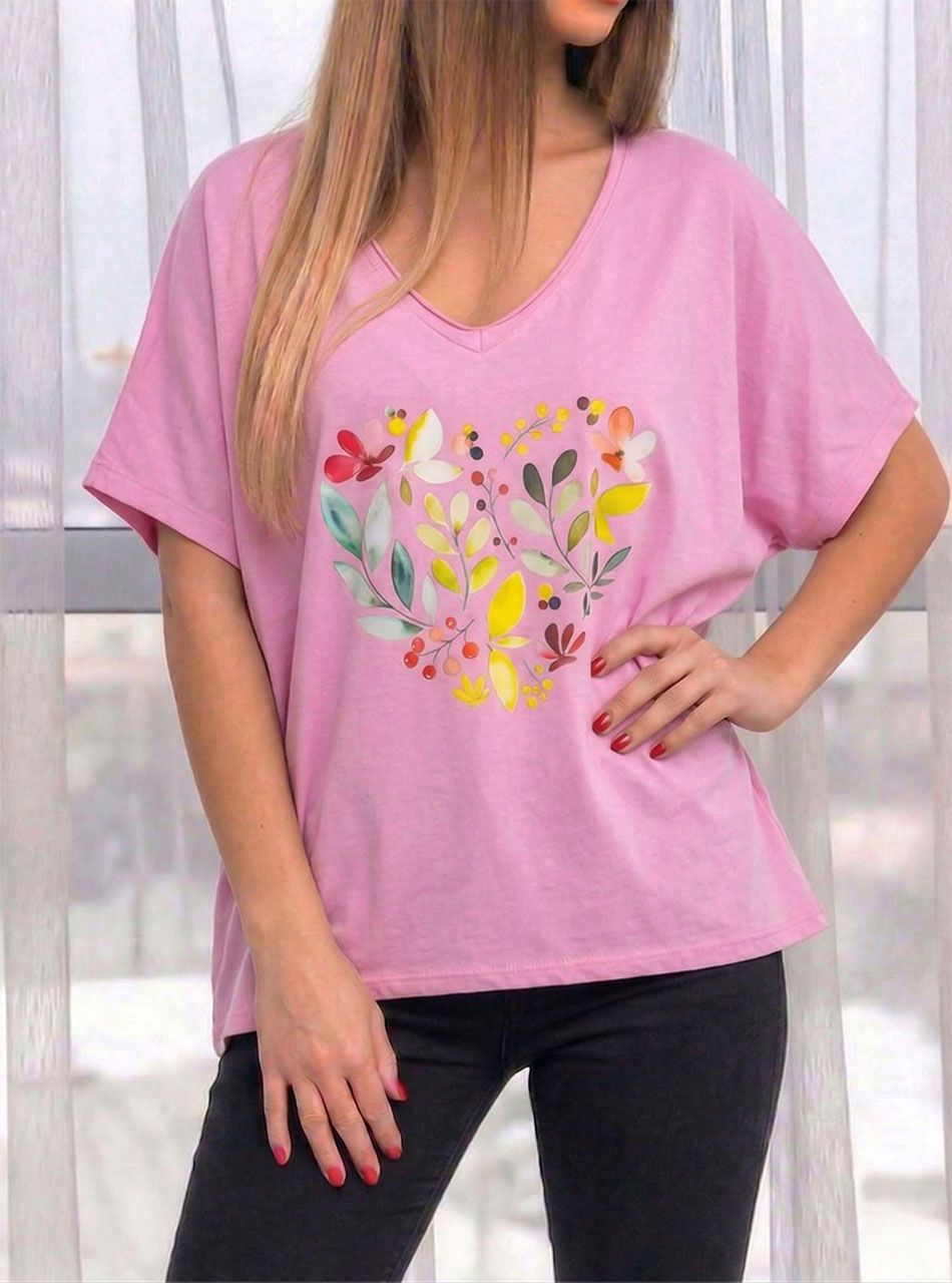 V nyakú, virág mintás felső (rózsaszín)